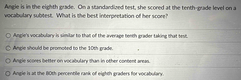 Angie is in the eighth grade. On a standardized test, she scored at the tenth-grade level on a
vocabulary subtest. What is the best interpretation of her score?
Angie's vocabulary is similar to that of the average tenth grader taking that test.
Angie should be promoted to the 10th grade.
Angie scores better on vocabulary than in other content areas.
Angie is at the 80th percentile rank of eighth graders for vocabulary.