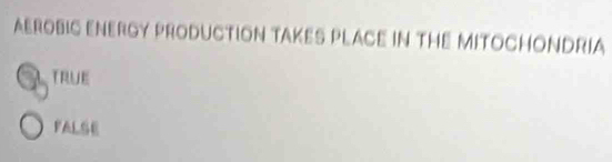 AEROBIC ENERGY PRODUCTION TAKES PLACE IN THE MITOCHONDRIA
TRUE
FALSE