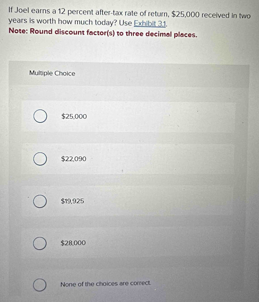 If Joel earns a 12 percent after-tax rate of return, $25,000 received in two
years is worth how much today? Use Exhibit 3.1.
Note: Round discount factor(s) to three decimal places.
Multiple Choice
$25,000
$22,090
$19,925
$28,000
None of the choices are correct.
