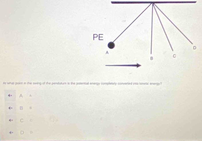 PE
D
A
B C
At what point in the swing of the pendulum is the potential energy completely converted into kinetic energy?
4= A A
q= B B
4^x C
q= D