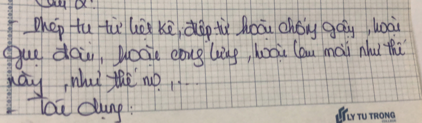 Phep tu tù lèi kē dàg tù hoou chéng gag, wà 
gue doi, Mocle cong ling, hooi Ca mai Nu the 
cay mu theno 
Tou dlung: 
firru