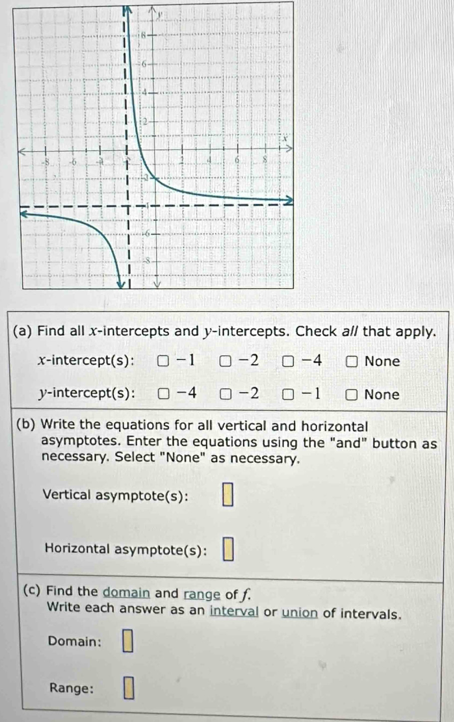 Find all x-intercepts and y-intercepts. Check a// that apply.
x-intercept(s): -1 -2 □ -4 None
y-intercept(s): -4 -2 -1 None
(b) Write the equations for all vertical and horizontal
asymptotes. Enter the equations using the "and" button as
necessary. Select "None" as necessary.
Vertical asymptote(s):
Horizontal asymptote(s):
(c) Find the domain and range of f.
Write each answer as an interval or union of intervals.
Domain:
Range: