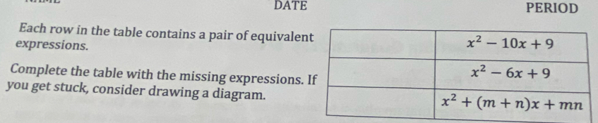 DATE PERIOD
Each row in the table contains a pair of equivalen
expressions.
Complete the table with the missing expressions.
you get stuck, consider drawing a diagram.