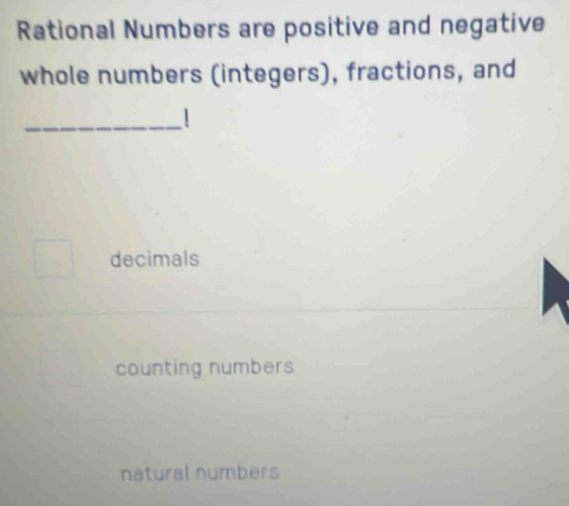 Rational Numbers are positive and negative
whole numbers (integers), fractions, and
_
decimals
counting numbers
natural numbers