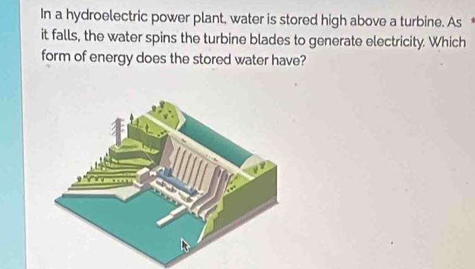 In a hydroelectric power plant, water is stored high above a turbine. As 
it falls, the water spins the turbine blades to generate electricity. Which 
form of energy does the stored water have?