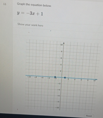 Graph the equation below.
y=-3x+1
Show your work here 
Riset