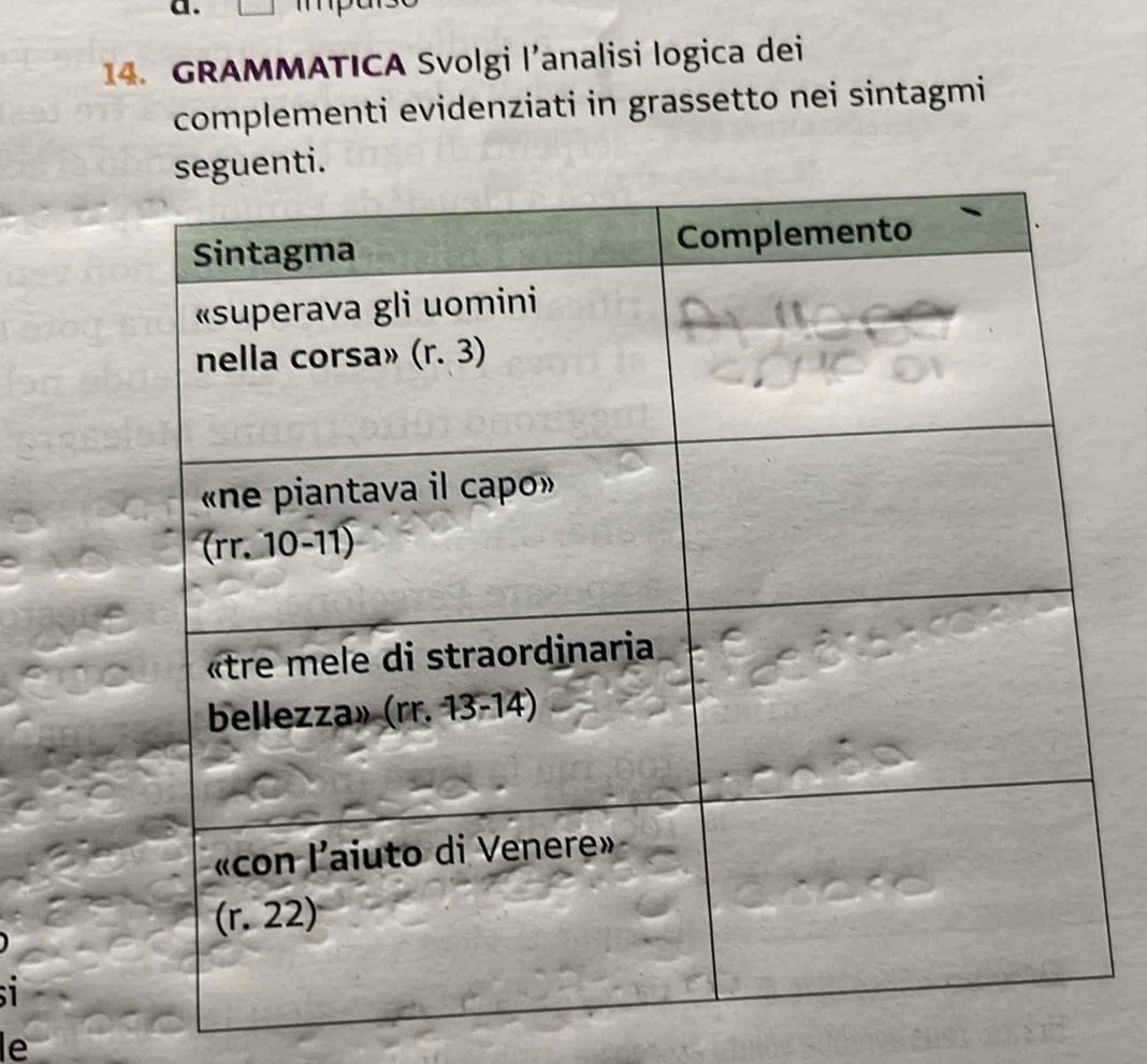 GRAMMATICA Svolgi l’analisi logica dei 
complementi evidenziati in grassetto nei sintagmi 
uenti. 

le