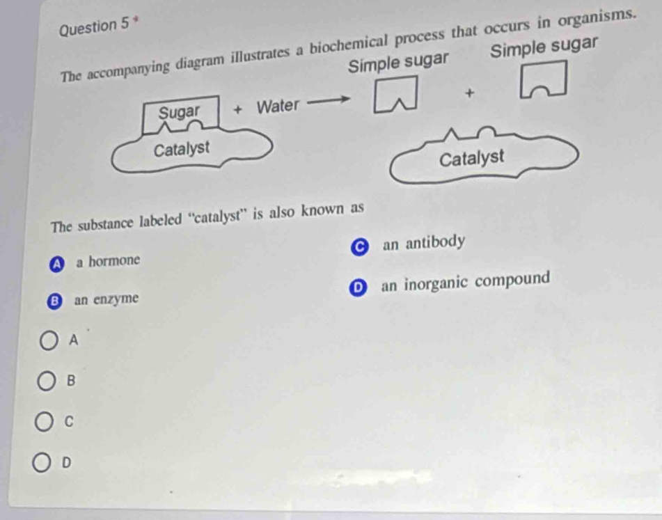 The accompanying diagram illustrates a biochemical process that occurs in organisms.
ugar Simple sugar
The substance labeled “catalyst” is also known as
A a hormone c an antibody
B an enzyme D an inorganic compound
A
B
C
D