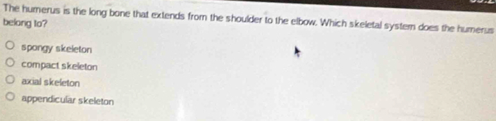 The humerus is the long bone that extends from the shoulder to the elbow. Which skeletal systern does the humerus
belong to?
spongy skeleton
compact skeleton
axial skeleton
appendicular skeleton