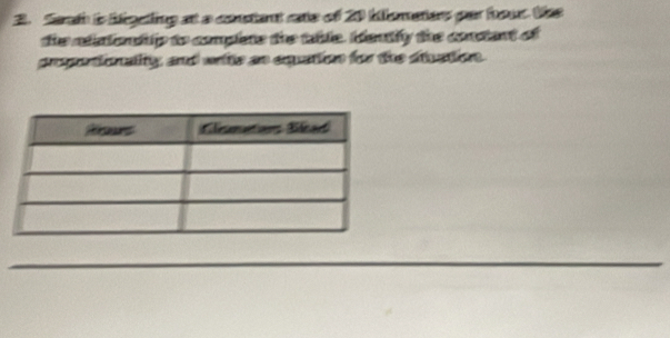 Serath is bigetling att a constant rate of 20 klometers par hour. the 
the ndsfondip to complete the table. Ientify the conctant of 
propontionality; and writle an eqpation for the stuation.