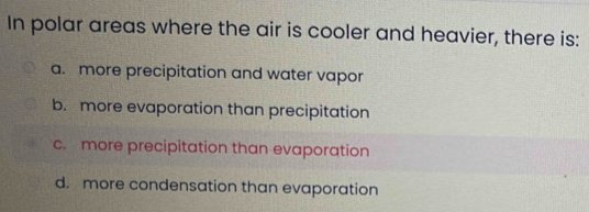 In polar areas where the air is cooler and heavier, there is:
a. more precipitation and water vapor
b. more evaporation than precipitation
c. more precipitation than evaporation
d. more condensation than evaporation