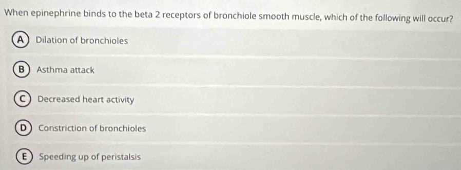 When epinephrine binds to the beta 2 receptors of bronchiole smooth muscle, which of the following will occur?
A Dilation of bronchioles
B Asthma attack
C Decreased heart activity
D Constriction of bronchioles
E Speeding up of peristalsis