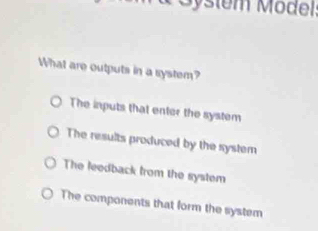 Sysiem Model:
What are outputs in a system?
The inputs that enter the system
The results produced by the system
The leedback from the system
The components that form the system