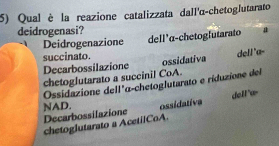 Qual è la reazione catalizzata dall'α-chetoglutarato
deidrogenasi?
Deidrogenazione dell’α-chetoglutarato a
succinato.
Decarbossilazione ossidativa dell'a-
chetoglutarato a succinil CoA.
Ossidazione dell'α-chetoglutarato e riduzione del
NAD.
Decarbossilazione ossidativa dell'α-
chetoglutarato a AcetilCoA.