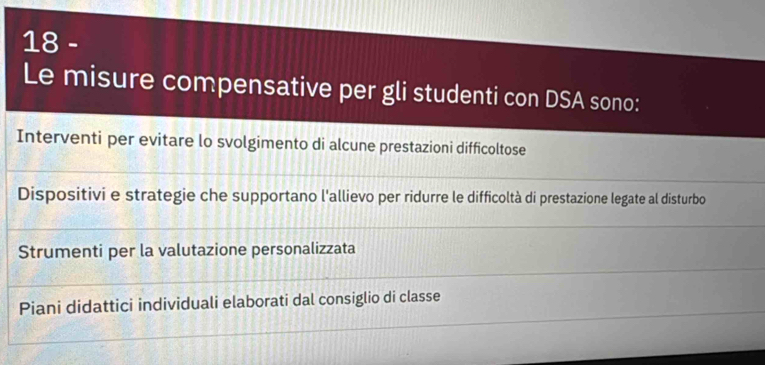 Le misure compensative per gli studenti con DSA sono:
Interventi per evitare lo svolgimento di alcune prestazioni difficoltose
Dispositivi e strategie che supportano l'allievo per ridurre le difficoltà di prestazione legate al disturbo
Strumenti per la valutazione personalizzata
Piani didattici individuali elaborati dal consiglio di classe