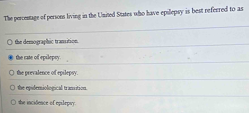 The percentage of persons living in the United States who have epilepsy is best referred to as
the demographic transition.
the rate of epilepsy.
the prevalence of epilepsy.
the epidemiological transition
the incidence of epilepsy.