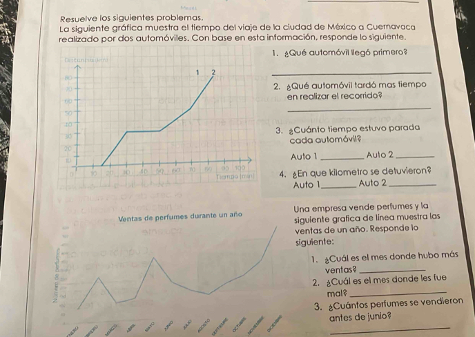 Resuelve los siguientes problemas. 
La siguiente gráfica muestra el tiempo del viaje de la ciudad de México a Cuernavaca 
realizado por dos automóviles. Con base en esta información, responde lo siguiente. 
Destancia (Jem) 1. ¿Qué automóvil llegó primero?
1 2
80
_
70 2. Qué automóvil tardó mas tiempo
60 en realizar el recorrido?
50
_
10
310 3. Cuánto tiempo estuvo parada
20 cada automóvil 
1 Auto 1 _Auto 2_ 
D 10 20 30 40 50 60 70 80 90 100
Tierrpo [mín] 4. £En que kilometro se detuvieron? 
Auto 1_ Auto 2_ 
Una empresa vende perfumes y la 
iguiente grafica de línea muestra las 
entas de un año. Responde lo 
iguiente: 
1. ¿Cuál es el mes donde hubo más 
ventas?_ 
2. ¿Cuál es el mes donde les fue 
mal?_ 
3. ¿Cuántos perfumes se vendieron 
antes de junio? 
_