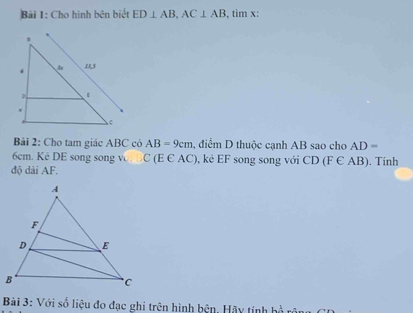 Cho hình bên biết ED⊥ AB, AC⊥ AB , tìm x : 
Bài 2: Cho tam giác ABC có AB=9cm , điểm D thuộc cạnh AB sao cho AD=
6cm. Kê D E song song v.BC (E∈ AC) , kẻ EF song song với CD(F∈ AB) Tính 
độ dài AF. 
Bài 3: Với số liệu đo đạc ghi trên hình bện, Hãy tính bề rộng C