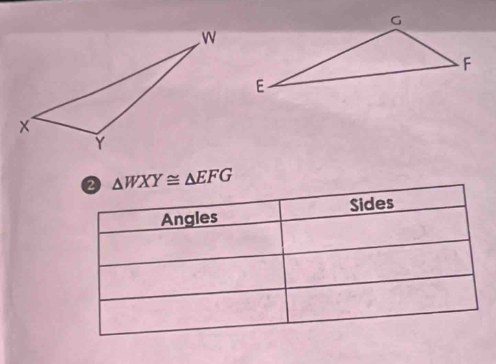 2 △ WXY≌ △ EFG
Angles Sides