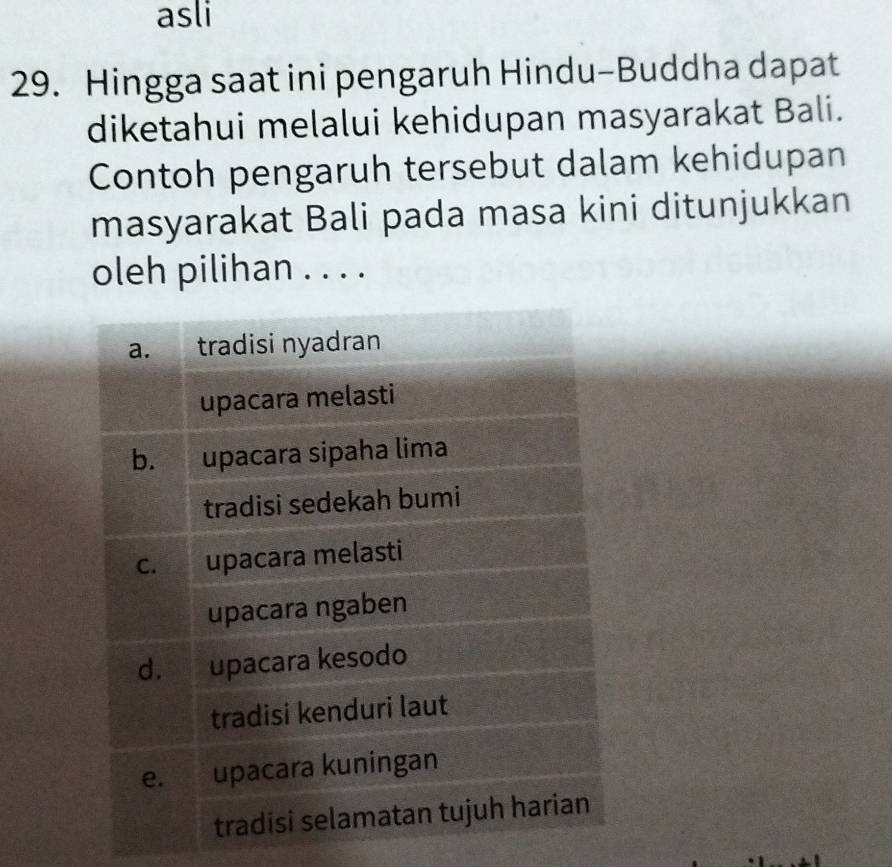 asli 
29. Hingga saat ini pengaruh Hindu-Buddha dapat 
diketahui melalui kehidupan masyarakat Bali. 
Contoh pengaruh tersebut dalam kehidupan 
masyarakat Bali pada masa kini ditunjukkan 
oleh pilihan . . . .