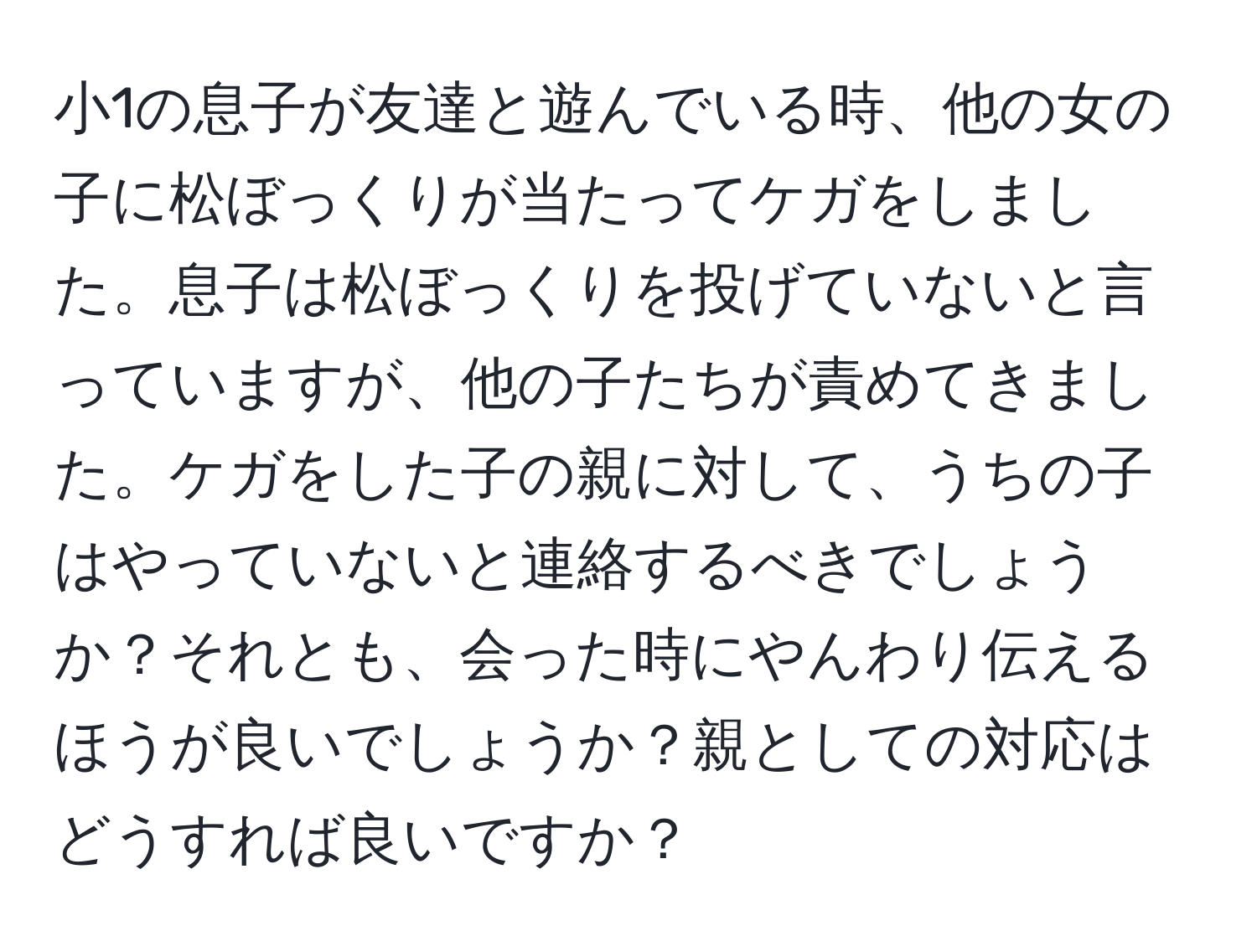 小1の息子が友達と遊んでいる時、他の女の子に松ぼっくりが当たってケガをしました。息子は松ぼっくりを投げていないと言っていますが、他の子たちが責めてきました。ケガをした子の親に対して、うちの子はやっていないと連絡するべきでしょうか？それとも、会った時にやんわり伝えるほうが良いでしょうか？親としての対応はどうすれば良いですか？