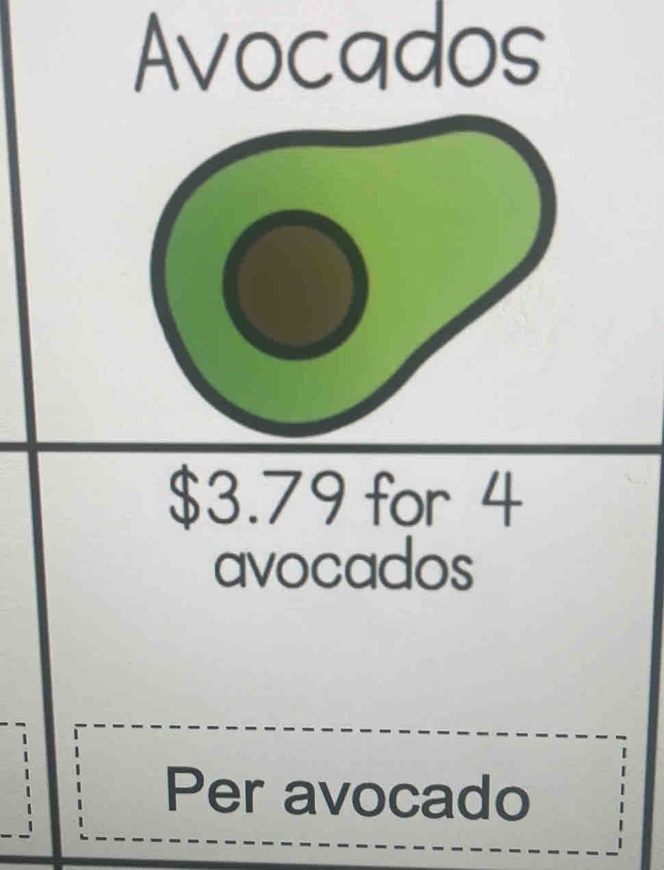 Avocados
$3.79 for 4
avocados 
Per avocado