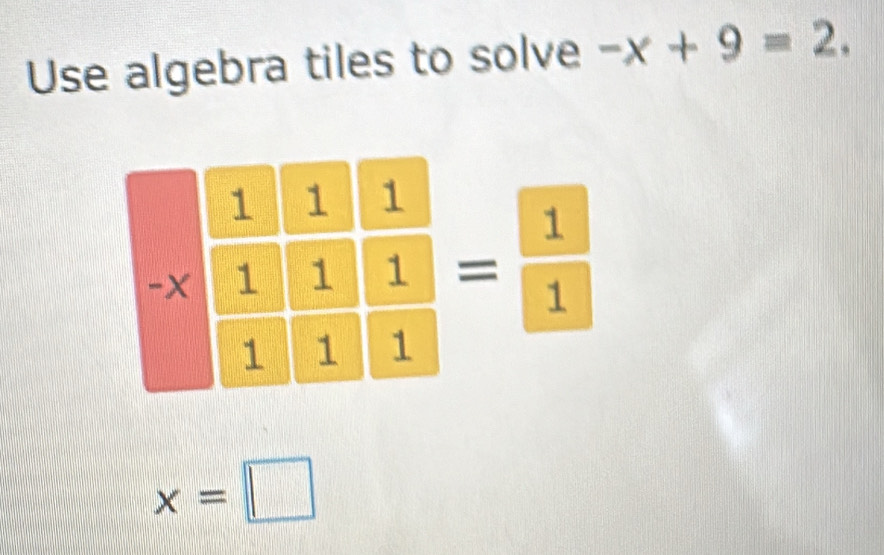 Use algebra tiles to solve -x+9=2.
x=□