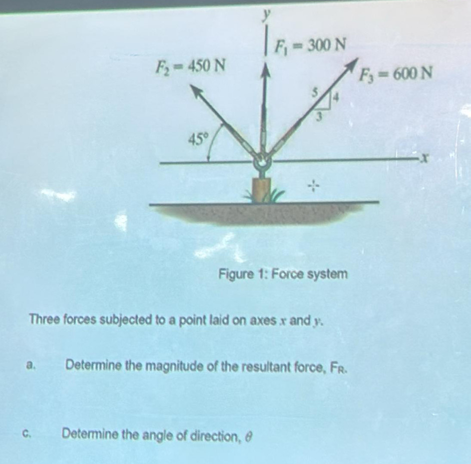 y
F_1=300N
F_2=450N
F_3=600N
5 4
3
45°
x
Figure 1: Force system 
Three forces subjected to a point laid on axes x and y. 
a. Determine the magnitude of the resultant force, F. 
c. Determine the angle of direction, θ