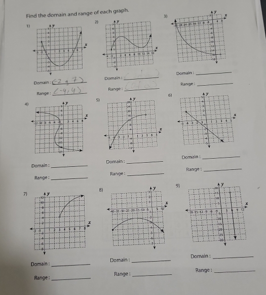 Find the domain and range of each graph. 
3) 
2 
1 
Domain :_ Domain :_ Domain :_ 
_ 
Range: 
Range : _Range:_ 
6) 
4)S 


Domain :_ Domain : _Domain :_ 
Range :_ Range _Range :_ 
9 
7 8) 

Domain _Domain : _Domain :_ 
Range :_ 
Range : _ Range ;_