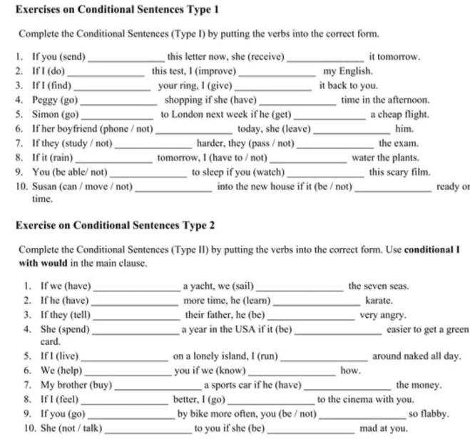 Solved: Exercises on Conditional Sentences Type 1 Complete the ...