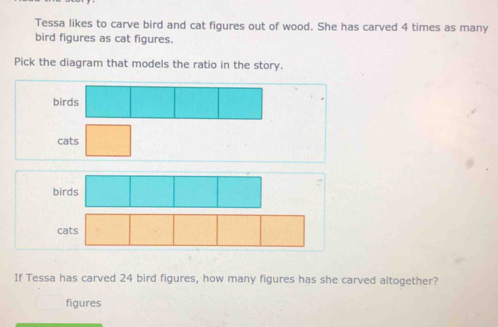 Tessa likes to carve bird and cat figures out of wood. She has carved 4 times as many 
bird figures as cat figures. 
Pick the diagram that models the ratio in the story. 
birds 
cats 
If Tessa has carved 24 bird figures, how many figures has she carved altogether? 
figures