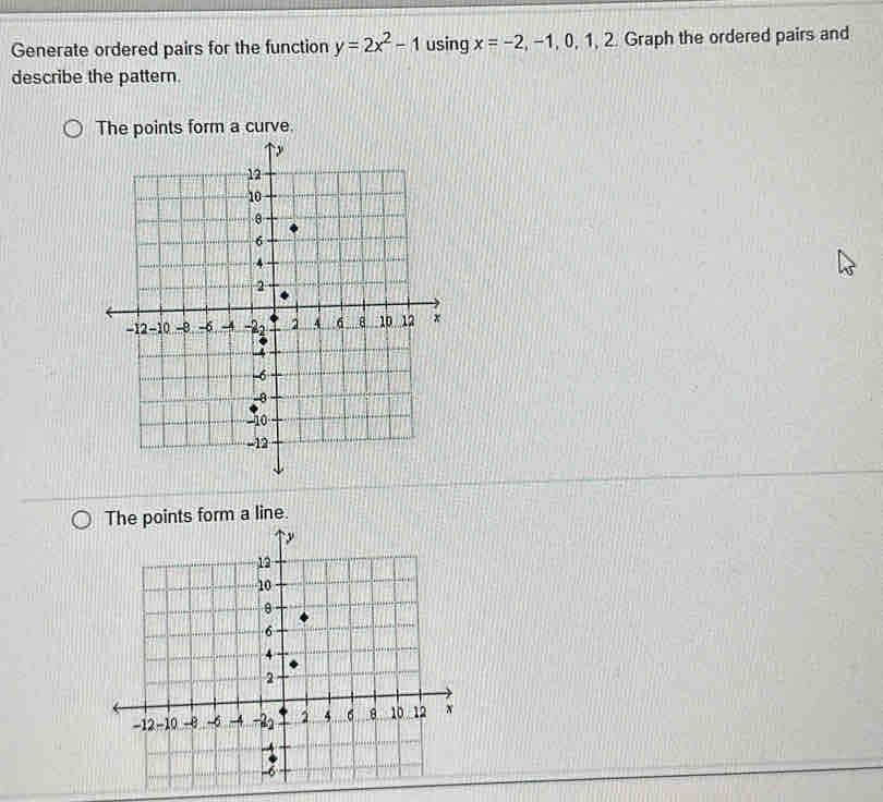 Generate ordered pairs for the function y=2x^2-1 using x=-2,-1, 0, 1, 2 Graph the ordered pairs and 
describe the pattern. 
The points form a line.