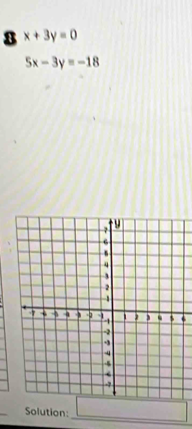 8 x+3y=0
5x-3y=-18
6 
_ 
_ 
Solution: □