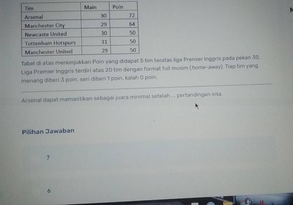 Tabel di atas menum teratas liga Premier Inggris pada pekan 30.
Liga Premier Inggris terdiri atas 20 tim dengan format full musim (home-away). Tiap tim yang
menang diberi 3 poin, seri diberi 1 poin, kalah 0 poin.
Arsenal dapat memastikan sebagai juara minimal setelah ... pertandingan sisa.
Pilihan Jawaban
7
6