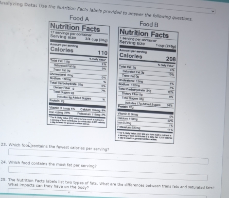 Analyzing Data: Use the Nutrition Facts labels provided to answer the following questions. 









23. Which foou contains the fewest calories per serving? 
24. Which food contains the most fat per serving? 
25. The Nutrition Facts labels list two types of fats. What are the differences between trans fats and saturated fats? 
What impacts can they have on the body?