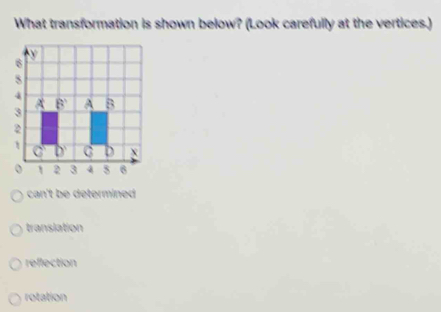 What transformation is shown below? (Look carefully at the vertices.)
can't be determined
translation
reflection
rotation