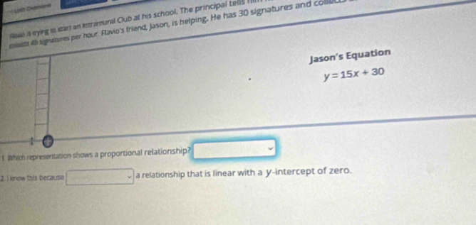 Lnit Chénncs 
Nawo i trying to start an Intramural Club at his school. The principal tells Il 
ceds i signstures per hour Flavio's friend, Jason, is helping. He has 30 signatures and colle 
Jason's Equation
y=15x+30
1. Which representation shows a proportional relationship? 
2. I know this because...V a relationship that is linear with a y-intercept of zero.