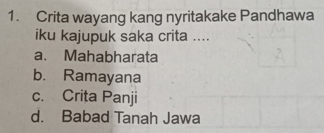 Crita wayang kang nyritakake Pandhawa
iku kajupuk saka crita ....
a. Mahabharata
b. Ramayana
c. Crita Panji
d. Babad Tanah Jawa