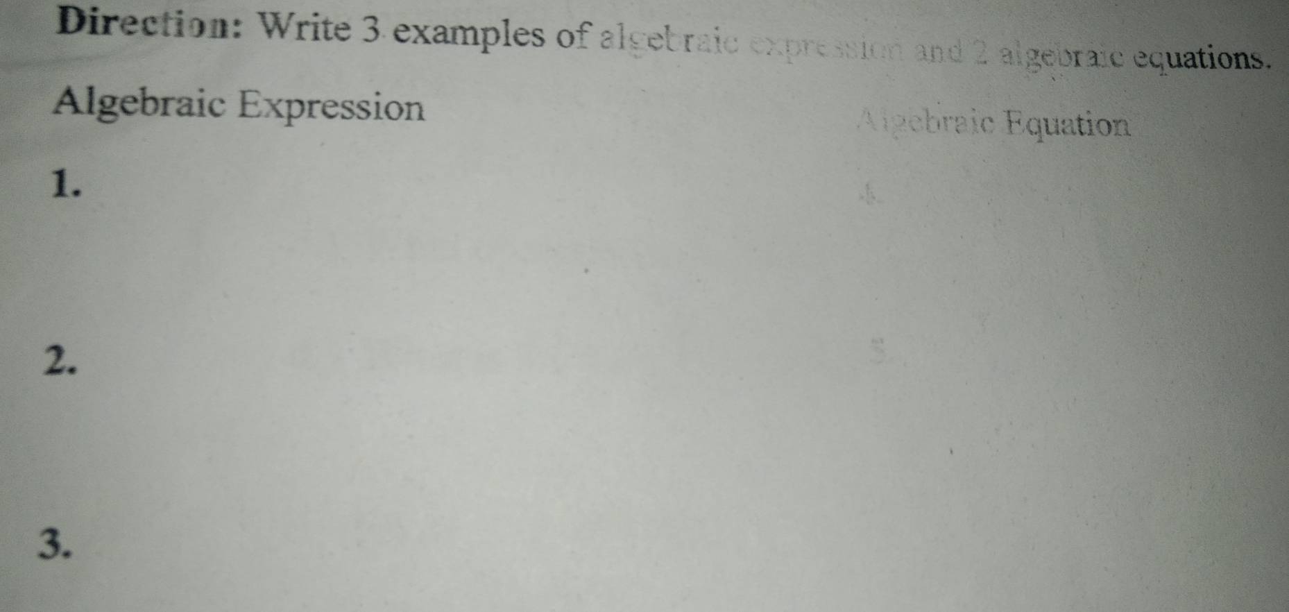 Direction: Write 3 examples of algebraic expression and 2 algebraic equations. 
Algebraic Expression Agebraic Equation 
1. 

2. 
3.