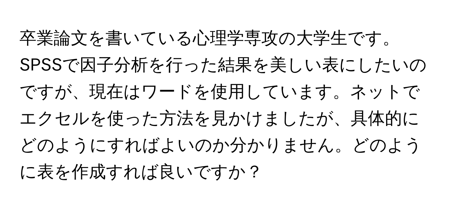 卒業論文を書いている心理学専攻の大学生です。SPSSで因子分析を行った結果を美しい表にしたいのですが、現在はワードを使用しています。ネットでエクセルを使った方法を見かけましたが、具体的にどのようにすればよいのか分かりません。どのように表を作成すれば良いですか？