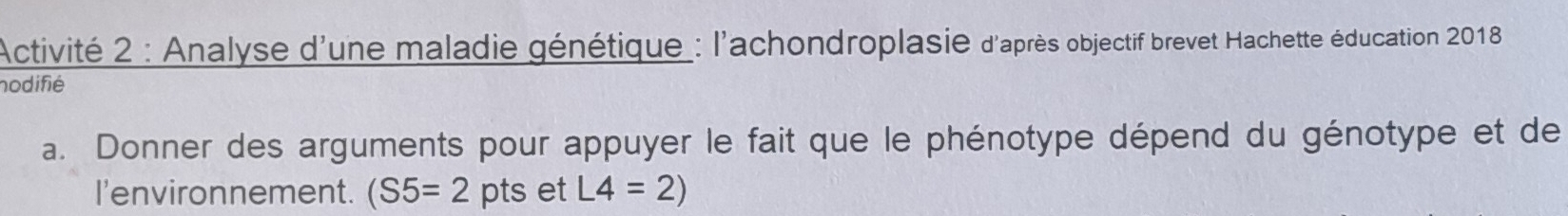 Activité 2 : Analyse d'une maladie génétique : l'achondroplasie d'après objectif brevet Hachette éducation 2018 
nodifié 
a. Donner des arguments pour appuyer le fait que le phénotype dépend du génotype et de 
l'environnement. (S5=2 pts et L4=2)