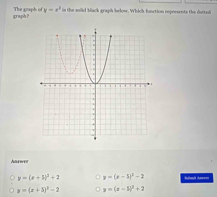 The graph of y=x^2 is the solid black graph below. Which function represents the dotted
graph?
Answer
y=(x-5)^2-2
y=(x+5)^2+2 Submit Answer
y=(x+5)^2-2
y=(x-5)^2+2