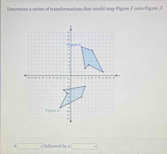 Determine a series of transformations that would map Figure I onto Figure J.
A□ followed by a □.