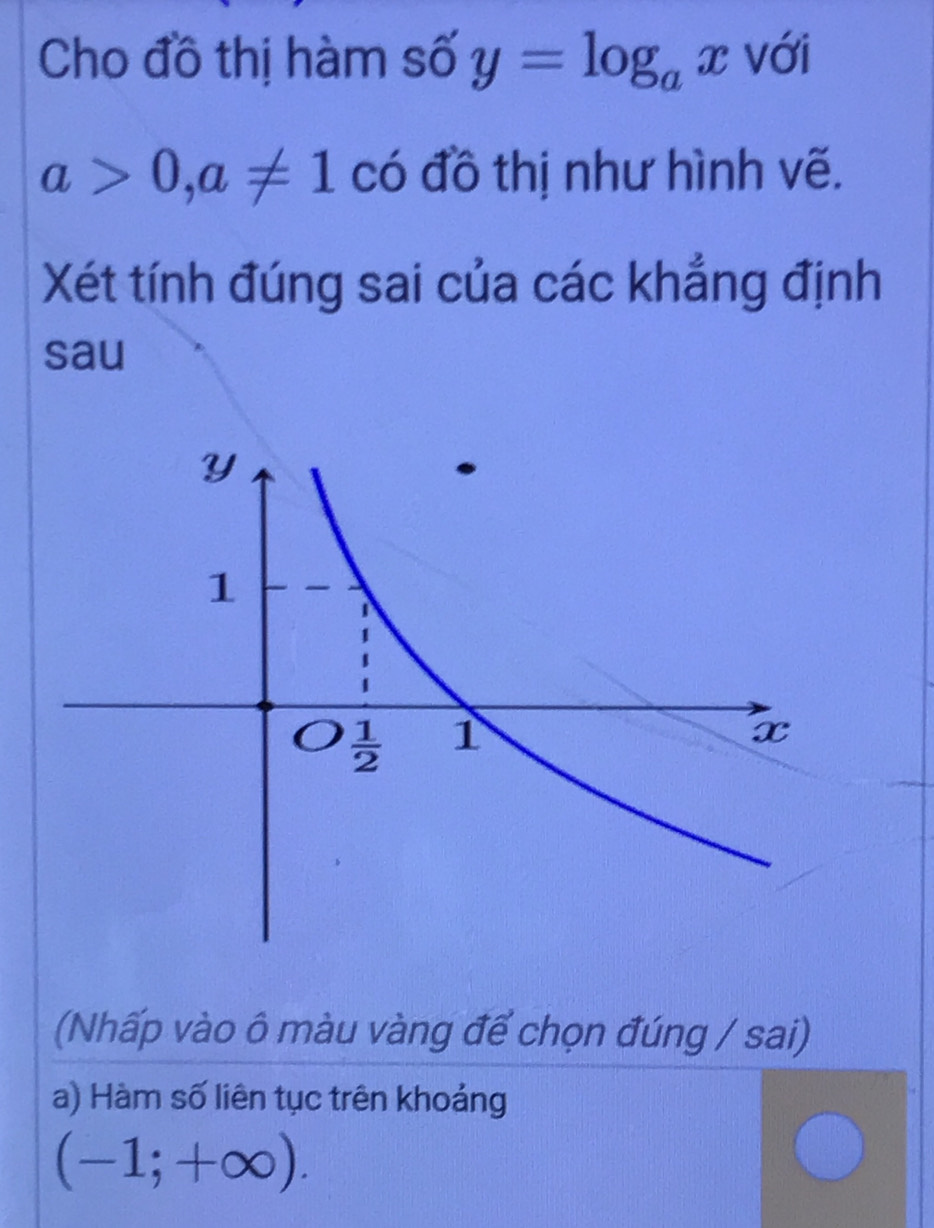 Cho đồ thị hàm số y=log _ax với
a>0,a!= 1 có đồ thị như hình vẽ.
Xét tính đúng sai của các khẳng định
sau
(Nhấp vào ô màu vàng để chọn đúng / sai)
a) Hàm số liên tục trên khoảng
(-1;+∈fty ).