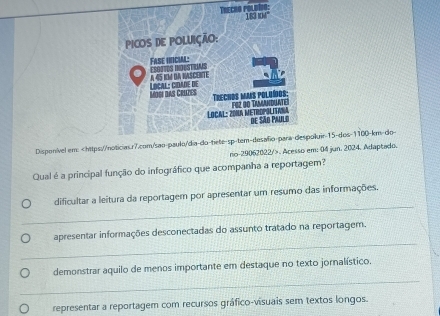 dí
Disponível em: 15 -dos-1100-km-do-
rio-29062022/>. Acesso em: 04 jun, 2024, Adaptado.
Qual é a principal função do infográfico que acompanha a reportagem?
_
dificultar a leitura da reportagem por apresentar um resumo das informações.
_
apresentar informações desconectadas do assunto tratado na reportagem.
_
demonstrar aquilo de menos importante em destaque no texto jornalístico.
representar a reportagem com recursos gráfico-visuais sem textos longos.