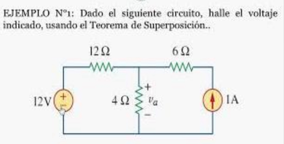 EJEMPLO N°1 : Dado el siguiente circuito, halle el voltaje
indicado, usando el Teorema de Superposición..