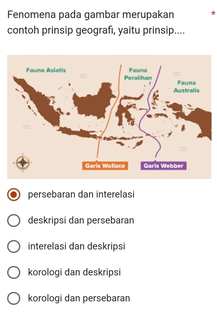 Fenomena pada gambar merupakan *
contoh prinsip geografı, yaitu prinsip....
persebaran dan interelasi
deskripsi dan persebaran
interelasi dan deskripsi
korologi dan deskripsi
korologi dan persebaran