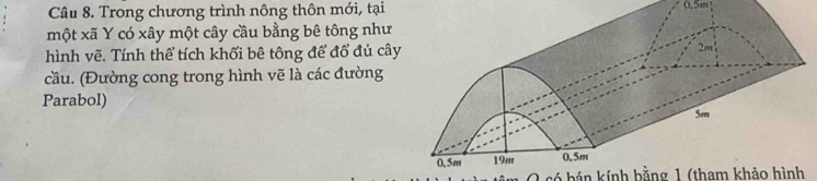 Trong chương trình nông thôn mới, tại
0.5m
một xã Y có xây một cây cầu bằng bê tông như 
hình vẽ. Tính thể tích khối bê tông để đổ đủ cây 
cầu. (Đường cong trong hình vẽ là các đường 
Parabol) 
O có bán kính bằng 1 (tham khảo hình