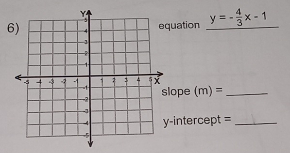 uation y=- 4/3 x-1 _ 
lope (m)= _ 
-intercept =_