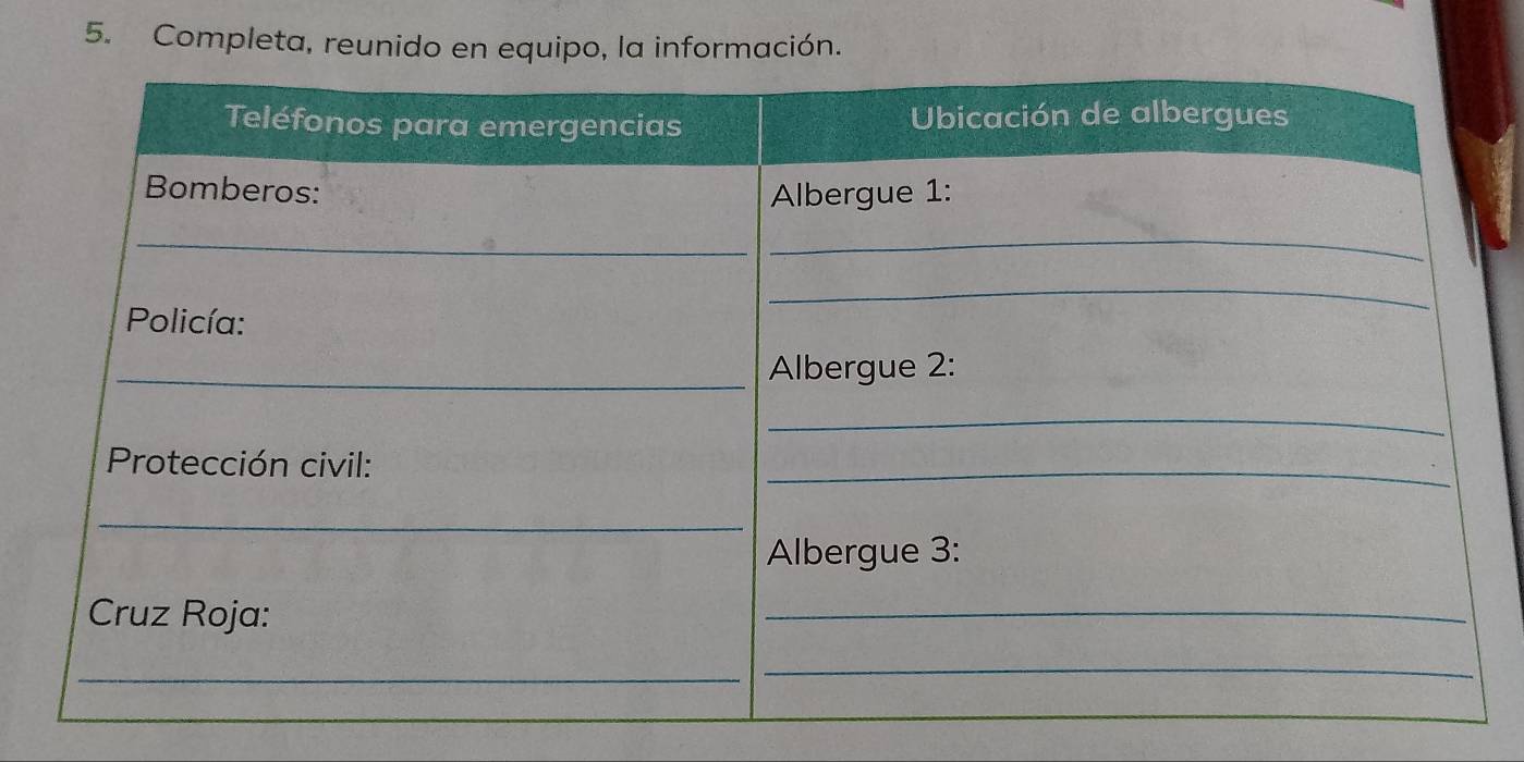 Completa, reunido en equipo, la información.